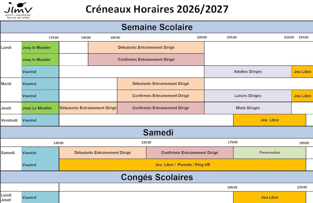 Horaires d'entrainements