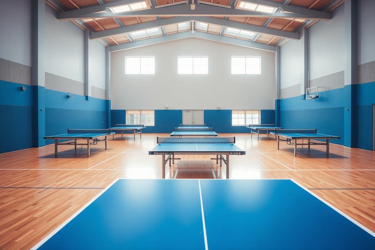 Gymnase du club avec plusieurs tables de tennis de table